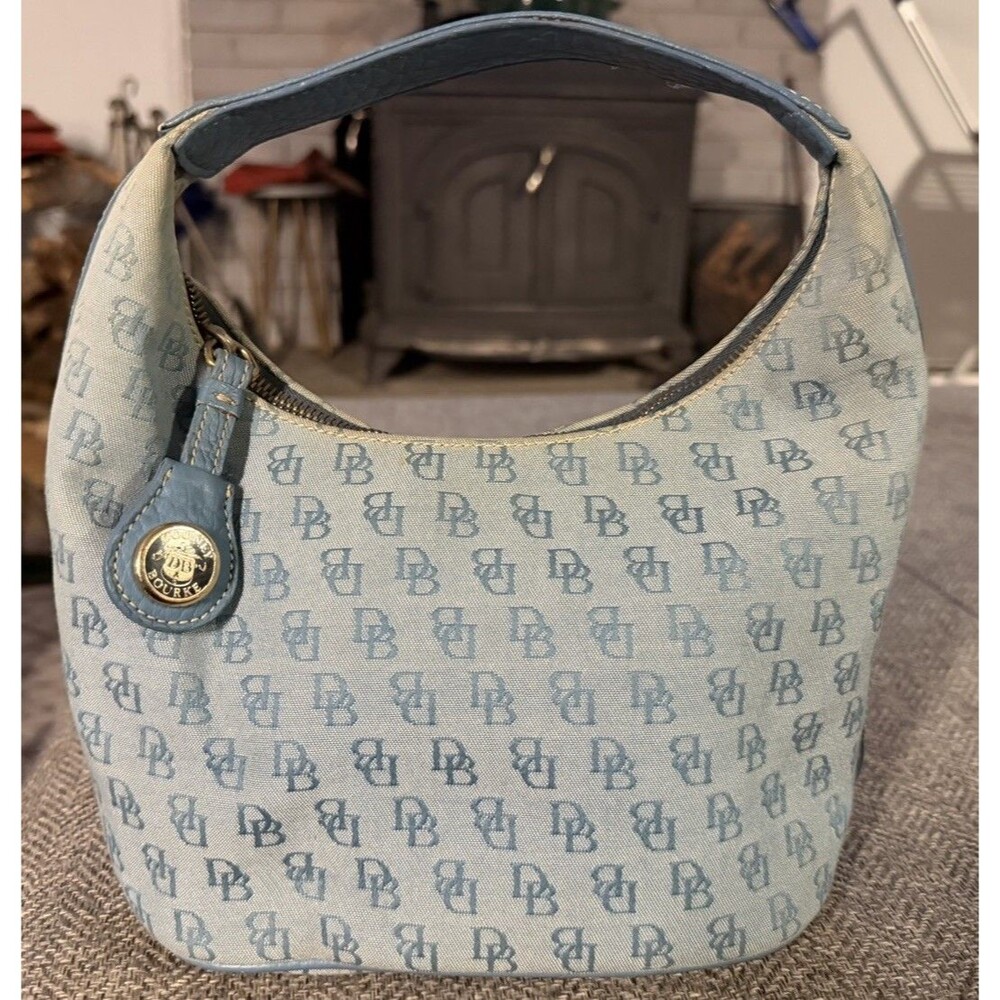 Vintage Y2K Dooney & Bourke Bag Blue Monogram Leather Trim Satchel